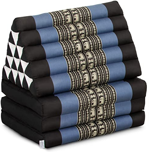 livasia Thaikissen 3 Auflagen extrahoch - 185x55x8cm - Dreieckskissen mit Klappmatratze, Kapok, Jumbo Rückenkissen faltbar, Thaimatte Klappen, handgefertigt, Meditationskissen (Blau/Elefanten)
