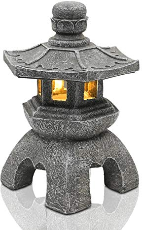 Goodeco Solar Pagoda Lantern Statue Garden Ornaments,Outdoor/Indoor Zen Asian Decor for Landscape Balcony,Garden,Patio,Porch Yard Art Ornament Gifts,Polyresin,Gray stone finish