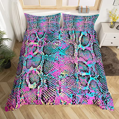 Homewish Snake Duvet Cover Double,Pastel Pink Teal Snakeskin Pattern Bedding Set Reptile Wild Animal Skin Comforter Cover Exotic Tribe Tropical Wildlife Bed Set S-Shaped Little Dragon Bedroom Decor