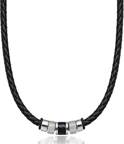 David Galvani ® | Handmade Herren Lederkette mit Bead-Anhänger aus Edelstahl Silber | Halskette für Herren | Edelstahl | Kugel | Lederkette | Leder geflochten | Geschenk für Männer (Silber, 45)