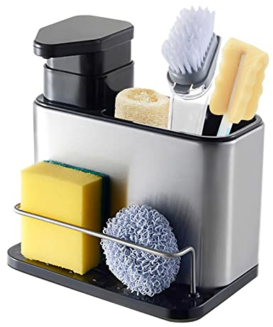 Organizador de fregadero con dispensador de detergente, esponja 3 en 1 con dispensador de jabón para platos, recipiente de acero inoxidable con bandeja de goteo, soporte para fregadero, negro