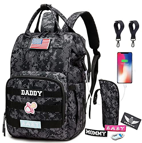 QWREOIA Camo Diaper Bag Backpack for Dad and Mom with USB Charging Port Stroller Straps and Insulated Pocket,army military Travel Nappy Backpack (DADDY and MOMMY patches)