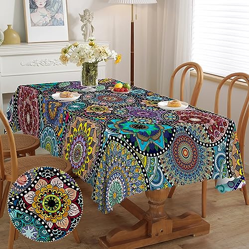 iEvery Bordsduk boho stil rektangulär mandala trädgårdsdukar för utomhusbruk polyester utomhus tvättbar trädgårdsduk kantig väderbeständig för kök trädgårdsbord matbord soffbord party 150 x 220 cm