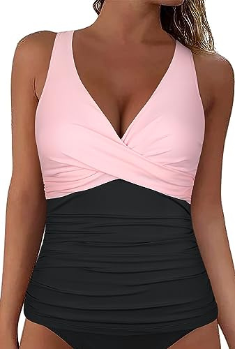 Mycoco Womens Underwire Push Up Tankini Top V Neck Swimwear Top Only Tummy Control Swim Top Pink&Black US 8