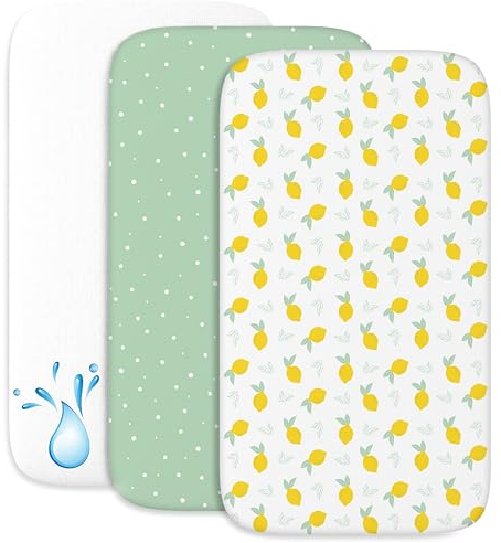 2X Spannbettlaken aus 100% Baumwolle mit Gummiband - 1X Matratzenschoner aus 100% wasserdichtem Material - 3er-Set - 55x90cm - Zitrone