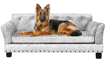 BingoPaw Large Luxury Velvet Dog Sofa Couch Raised Grey L(96x70cm) | Upholstered Pet Sofa Lounge Bed for Large Dogs up to 35kg - Wooden Frame Elevated Puppy Chair with Comfortable Cushion Mat