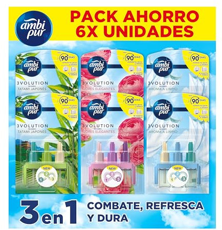 Ambipur 3Volution Ambientador Eléctrico 6 Recambios Con 3 Fragancias Complementarias Para Eliminar Los Malos Olores
