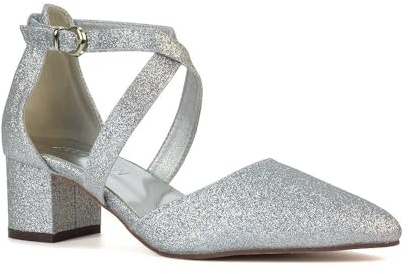 ESSEX GLAM Womens Strappy Ankle Strap Court Shoes Ladies Silver Glitter Low Heel Point Toe Close Toe Pumps Size 6