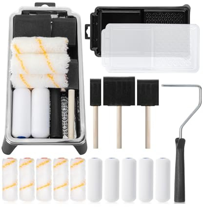 Bates- 4 Inch Paint Roller Set, 18 pcs, 1x Plastic Paint Tray, 3X Disposable Tray Liners, 1x Roller Frame, 5X Foam Covers, 5X Microfiber Covers, 3X Foam Brushes (1, 2, 3)