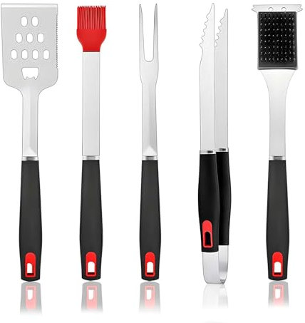 Grillbesteck Set 5-TLG mit verlängertem hitzebeständigem Griff, Grill Besteck aus Edelstahl in Lebensmittelqualität, Grill Geschenke für Männer, hochwertiges Grillbesteck für Garten-Grill