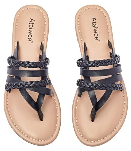 Ataiwee Sandalias Planas para Mujer - Zapato de Verano con Chanclas Cruzadas Trenzadas Informales.(1908023,BK/MF,45)