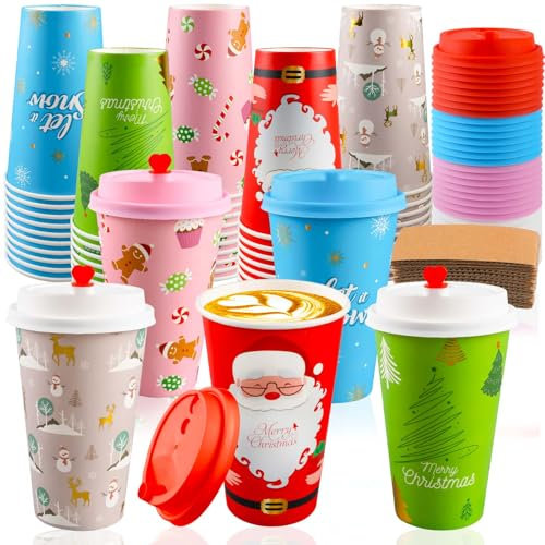 CUPLOOV Christmas Disposable Paper Coffee Cups with Lids & Sleeves 16oz