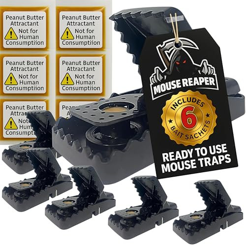 Mouse Reaper Mouse Traps, 6 Pack for Indoors That Kill Instantly, Rodent Trap, Reusable Snap Trap for Mice Control with Peanut Butter Bait Sachets