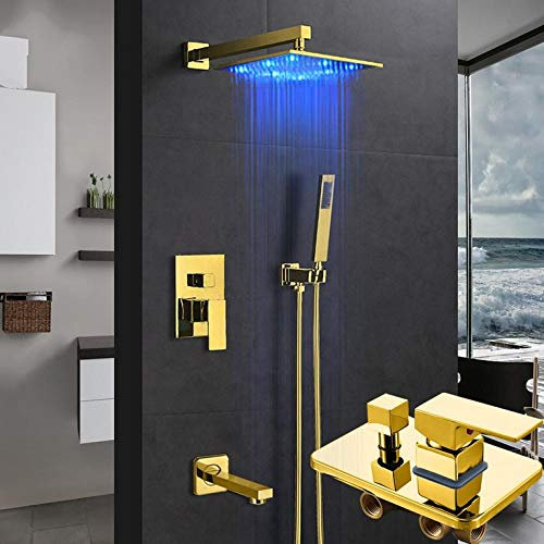Golden Led Hidden Shower kranset regn led duschhuvud 3-vägs mässingsblandare badkarskran badrum dusch kran 8 tums komplett set YASAKUE