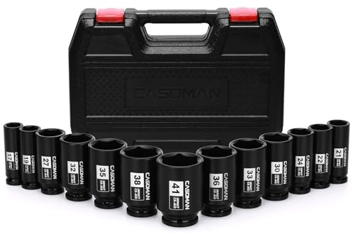 CASOMAN 1/2â Drive Deep Big Impact Socket Set, 13-Piece Large Spindle Axle Nut Impact Wrench Socket Set, 6 Point, CR-MO, Metric, 17mm - 41mm