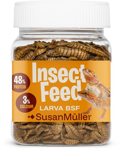 Susan Müller Larvas de Mosca Soldado Negra Deshidratadas para Reptiles – Snack Natural de Insectos, Complemento Alimenticio para Pogonas, Geckos, Camaleones