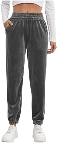 Velour Pants Women Velvet Elastic Waist Tapered Cinch Bottom Sweatpants Joggers Active Casual Lounge Pant with Pockets Gray