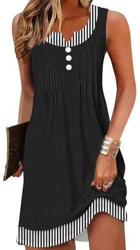 GUCURIN Vestido Mujer Verano Sin Mangas con Cuello V Vestidos Elegante y Corta Casual Dress para Playa Mujer hasta La Rodilla,Negro,L
