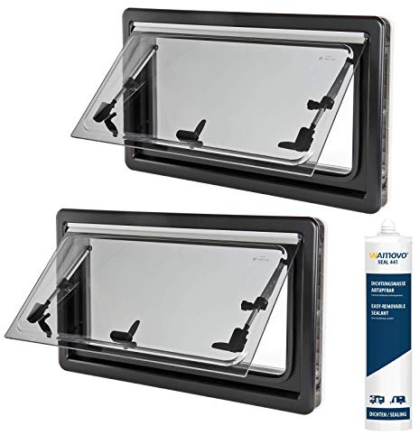 Ausstellfenster 50x35 bis 90x45cm Fliegengitter, Verdunklungsrollo, Teleskopaussteller inkl Dichtmittel für Wohnwagen, Wohnmobil (2st 50x45) Schwarz