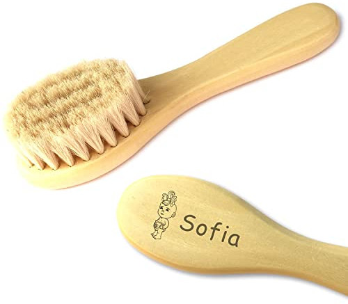 Baby Haarbürste personalisiert mit Name + Motiv - Babybürste aus Holz + Ziegenhaare = extra weich für Babys Haare, Baby Bürste Zubehör, Erstlingsausstattung, neugeborenen Geschenk
