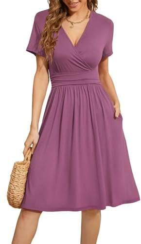 WEACZZY Women Summer Casual Short Sleeve Dresses Empire Waist Dress with Pockets,Mauve,L
