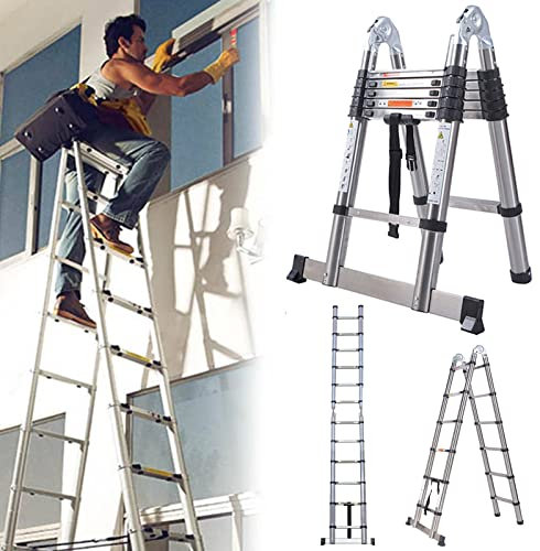 Échelle Télescopique 3,8m Pliable Échelle Coulissante, Marchepieds escamotables Escabeau telescopique 1,9+1,9M, Charge maximale: 150 kg, Échelle Escabeau Télescopique en Acier Inoxydable