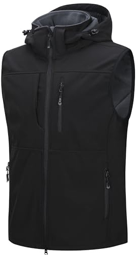 33,000ft Men's Softshell Gilet Waterproof Activewear Vests Windproof Fleece Lined Gilets with Hood Sleeveless Softshell Jacket for Hiking, Golf, Travelling,Safari Black XL