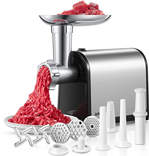 Molinillo eléctrico de carne, relleno de salchichas con 3 tubos de salchicha, 2 cuchillas, 3 platos, 3200 W máximo, molinillo de carne resistente para uso doméstico y cocina, acero inoxidable