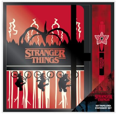 Set de Papelería de Stranger Things - Incluye Bolígrafo y Libreta - Diseño en Rojo, Negro y Blanco - Accesorios de Papelería - Producto Original Diseñado en España