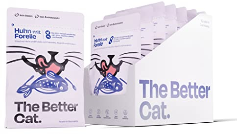 The Better Cat - Getreidefreies Nassfutter mit extra hohem Fleischanteil - Premium Katzenfutter ohne Getreide und ohne Zucker mit Präbiotika (Huhn & Forelle) 12x85g