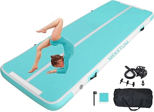 MEKETUM Air Turn Track Matte 2m 3m 4m 5m 10/20cm Dicke Turnen Matten Aufblasbar Gymnastikmatte Rutschfest Sportmatte für Zuhause/Training/Tumbling/Yoga/Outdoor/Fitness (Grün, 4m10)
