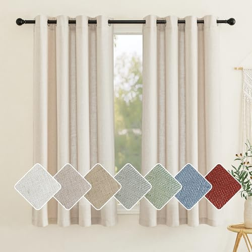 PONY DANCE Cortinas de Lino Semi Translúcidas para Cocina 2 Piezas140x160cm (AnchoxAlto), Cortinas Boho con Ojales Visillos Cortos para Ventanas de Dormitorio, Beige