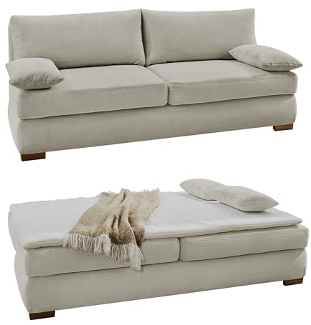 Dauerschlafsofa B201/T110/H88 cm, Tonnentaschenfederkern mit Wellenfedern, inkl. Topper, Bettkasten, Schlaffunktion mit Liegefläche 160x200 cm, Bezug in Feincord Beige / 15151