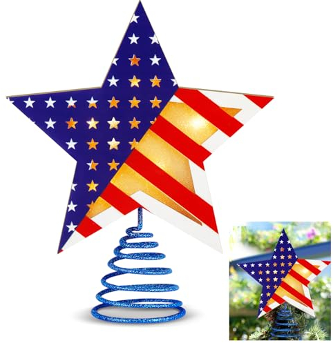 Craftsatin 9.2 x 7.8 Inch Patriotic Tree Topper Wooden Red White and Blue 4th of July 250th Star Tree Topper Happy Independence Day with LED Light for Party Decoration Tabletop Display Birthday Gift