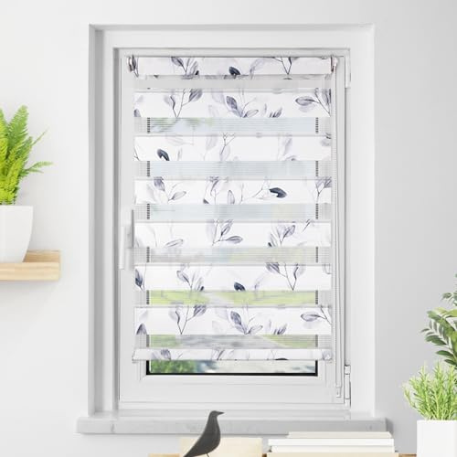 Deswell Doppelrollo Klemmfix ohne Bohren Weiß-blätter B85 x H130 cm (Stoffbreite 81cm) Doppelrollo mit Muster, Duo Rollos für Fenster ohne Bohren Rollos mit Motiv, Seitenzugrollo Lichtdurchlässig