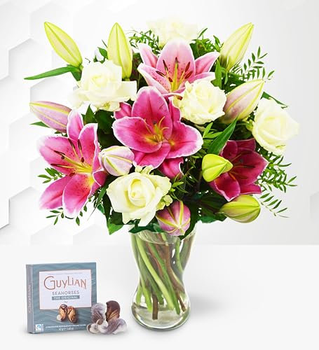 Lirios Rosas Sensacionales con chocolates - Ramo de Flores – Regalo de Flores Frescas para Cumpleaños o Día de la Madre – Arreglo de Lujo con Entrega al Día Siguiente – Sorpresa Elegante para Ella