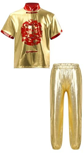 Miaeowve Chinesische Tradition Tai Chi Anzug Kinder Mädchen Junge Sportanzug Metallic Hemd Knotenknöpfen Oberteil Stretch Hose Glitzer Leggings Dancewear Gelb 110-116