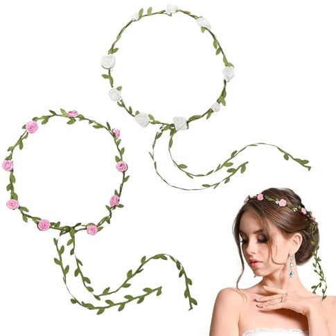 Blumenkranz Haare Haar, Blumenkranz Haare Blumenkrone für Mädchen, Blumen Krone Braut Rosen Kopfstück mit Blättern, Rosenblatt Stirnband, Haarkranz Damen Kopfschmuck, 2 Stück