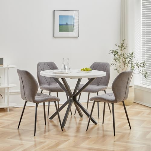 DEYARNA HOME Essgruppe 5-Teilig, 100cm Runder Esstisch und 4 Leinen-Esszimmerstühle, Esstisch und Stühle für 4 Personen, 4 Stühle & Tisch für Küche, Esszimmer und Wohnzimmer (Weiß/Schwarz+Grau)