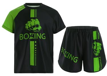 MSemis Kinder Muay Thai Kleidung Jungen Kurzarm Kickbox T-Shirt Und Kurze Hose Zweiteiliger Boxing Fitness Trainingsanzug Grün 170