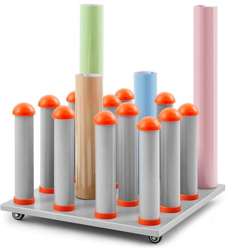 Wonderjune Carrito de almacenamiento de vinilo para 16 rollos, soporte de rollo de medios digitales de alta resistencia, estante de metal rodante para piso móvil con ruedas, soporte de almacenamiento