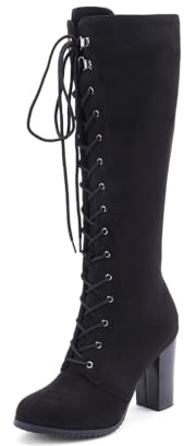 HXTYXCQ Femmes Bout Rond Cuir Bottes Longues Lacets Bottes De Chevalier avec Fermeture Éclair Latérale Talons Bloc Hauts Bottes Hautes Au Genou,Black Suede,41 EU
