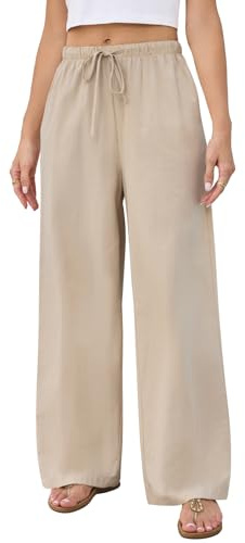 Getervb Pantalones de Lino Mujer Verano Casuales Pantalones Anchos y Rectos Mujer Cintura Alta Pantalon Palazzo Elegantes Sueltos Cómodos Pantalon De Playa con Bolsillos