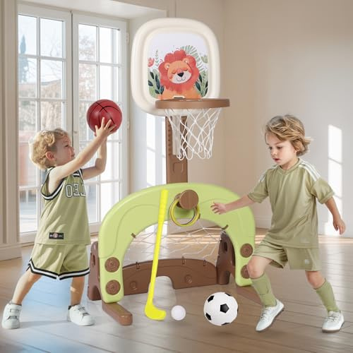 Basketball Hoop Set, 4-in-1 Kids Basketball Stand Sports Activity Center Adjustable Easy Score Basketball Hoop with Golf,Football/Soccer Goal/Ring Toss, Best Gift for Toddlers Kids Boys & Girls