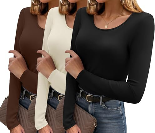 Ekouaer Womens Long Sleeve Tops Crew Neck Slim Going Out Basic Theraml Top, Black + Beige + Brown, M