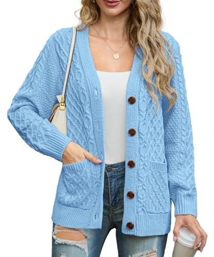GRECERELLE Womens Cardigans Knit Aran Cable Long Sleeve Button Down Oversized Ladies Jumper Cardigan Knitwear with Pockets for Winter Fall Spring