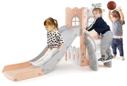 RELAX4LIFE 6 in 1 Scivolo per Bambini, Parco Giochi con Canestro da Basket, Scala da Arrampicata e Telescopio, Giochi Montessori per Interni, Palestra per Bambini 1 Anni + (Standard, Rosa+Grigio)