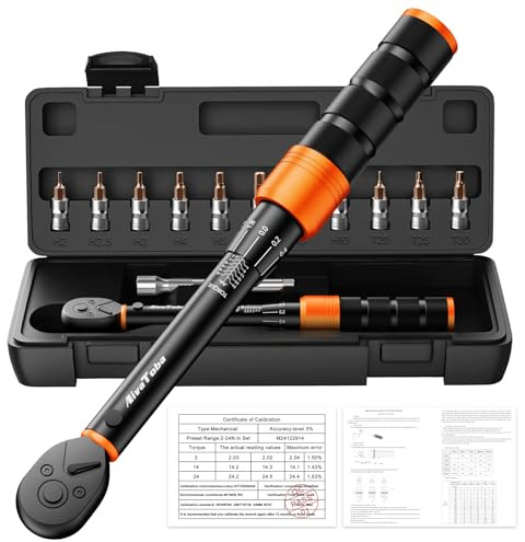 AivaToba Bike Torque Wrench Set 2-24 Nm, 13 PCS Torque Wrench, ±3% Accuracy, 1/4 Click Torque Wrench Kit with Extension Bars & Socket Bits (Hex, Torx, Phillips) for Mountain Bike, Bicycle Repair