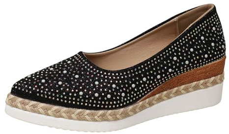 Ballerines plates confortables pour femme avec bout pointu - Chaussures à enfiler - Chaussures de loisirs tendance avec strass et semelle épaisse - Talon compensé - Ballerine pour femme - Noir, Noir