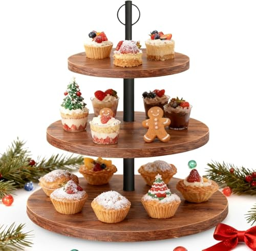 Alzata per Dolci a 3 Livelli in Legno,Espositore per cupcake a Supporto per Cupcake e Torta con Manico in Metallo per Frutta, Buffet, Compleanno, Matrimonio, Natale,espositore per torte rotondo